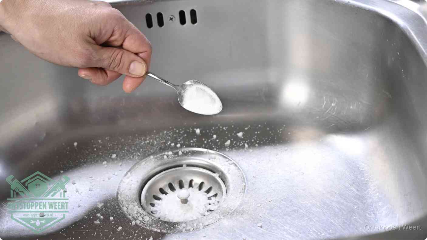 Een hand strooit met een lepel soda in de afvoer van een roestvrijstalen spoelbak, de soda en azijn huismiddel-methode om de afvoer te ontstoppen in Weert