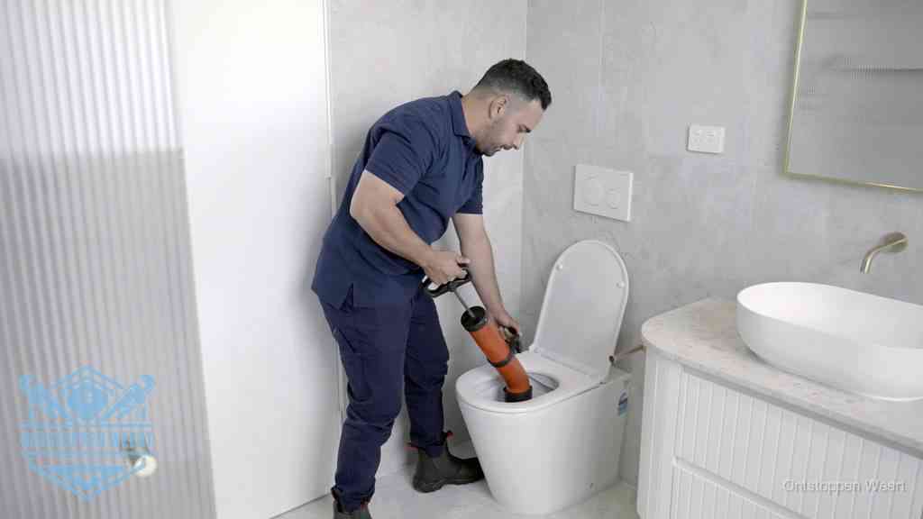 Een monteur buigt over een wandcloset en duwt met de hand een persluchtontstopper in de toiletpot om de verstopping handmatig los te maken in Weert
