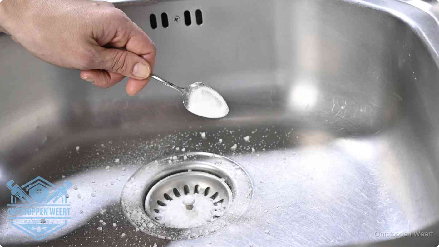 Een hand strooit met een lepel soda in een afvoerputje, de soda en azijn huismiddel-methode om de wc te ontstoppen in Weert