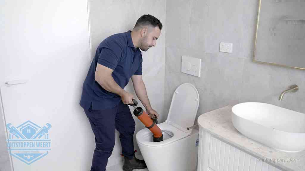 Een monteur gebruikt een handmatige perspomp (toiletontstopper) op een wandcloset tijdens het professioneel wc ontstoppen in Weert
