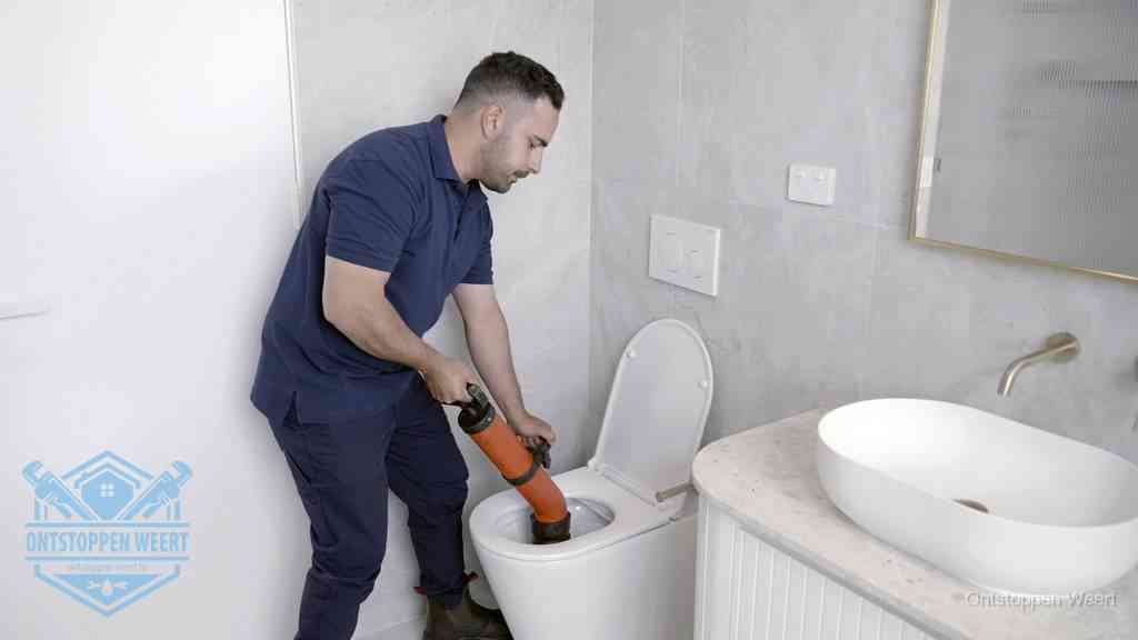 Een man gebruikt een handmatige luchtdruk-ontstopper in een modern betegeld toilet om zelf de wc te ontstoppen in Weert